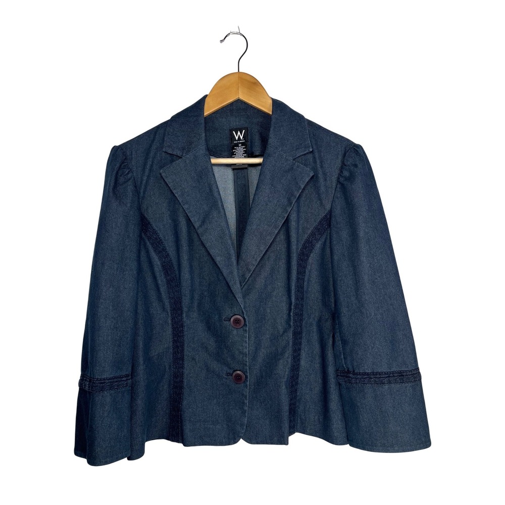 Work To Weekend Denim Blazer Womens 10 Blue Lace Trim Puff Sleeve Romantic